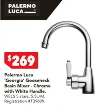 Harvey Norman Palermo Luca 'Georgia' Gooseneck Basin Mixer - Chrome with White Handle offer
