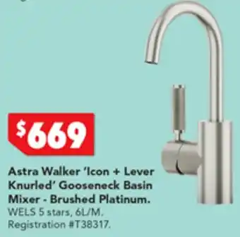 Harvey Norman Astra Walker 'Icon + Lever Knurled' Basin Mixer - Brushed Platinum offer
