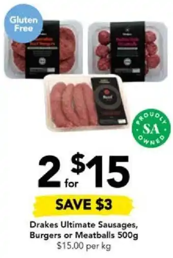 Drakes Drakes Ultimate Sausages, Burgers or Meatballs 500g offer