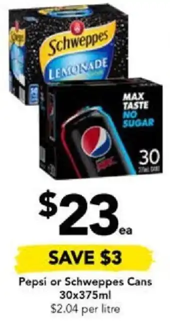 Drakes Pepsi or Schweppes Cans 30x375ml offer