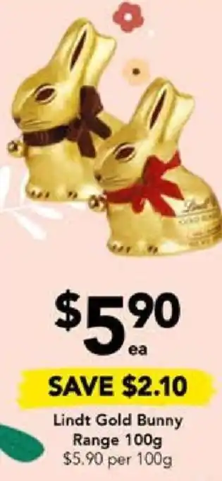 Drakes Lindt Gold Bunny Range 100g offer