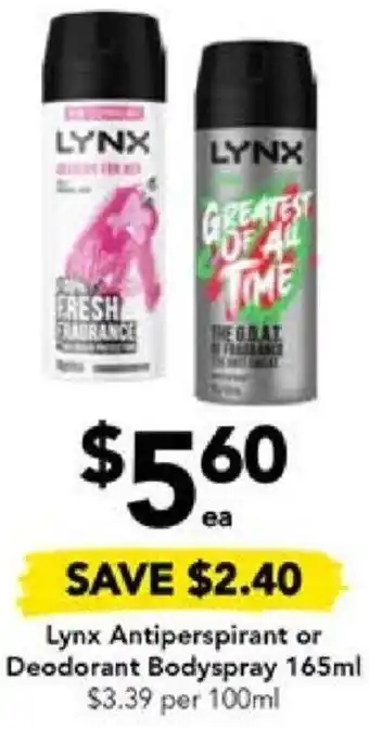 Drakes Lynx Antiperspirant or Deodorant Bodyspray 165ml offer