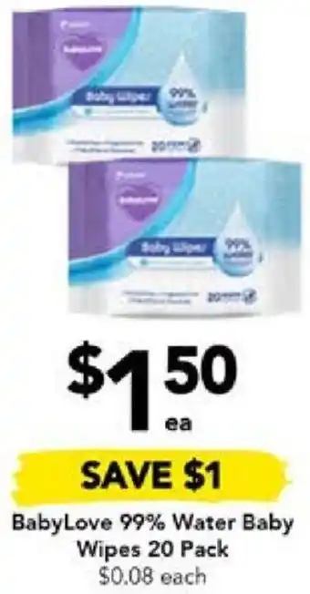 Drakes BabyLove 99% Water Baby Wipes 20 Pack offer