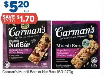 Foodland Carman's Muesli Bars or Nut Bars 160-270g offer