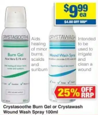 Crystasoothe Burn Gel or Crystawash Wound Wash Spray 100ml