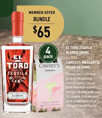 Dan Murphy's EL TORO TEQUILA BLANCO 700ML + CAWSEYS MARGARITA MIXER 4X300ML offer