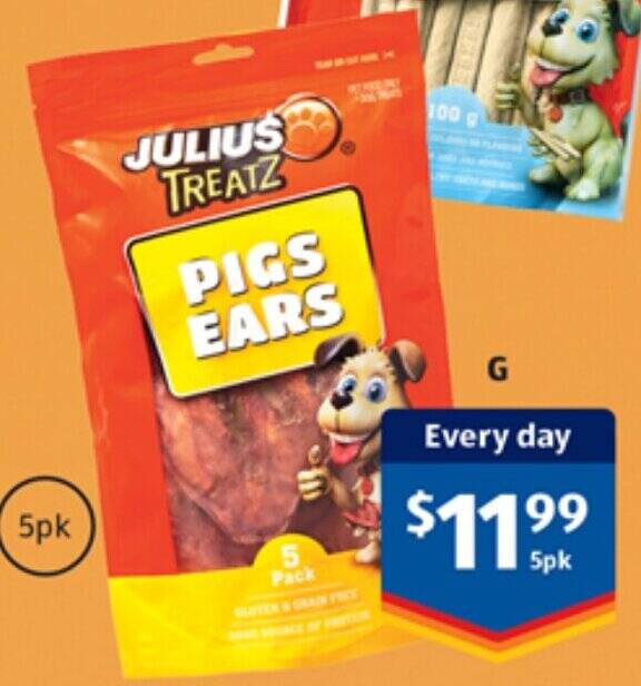 Julius Dog Treatz Pigs Ears 5pk offer at ALDI