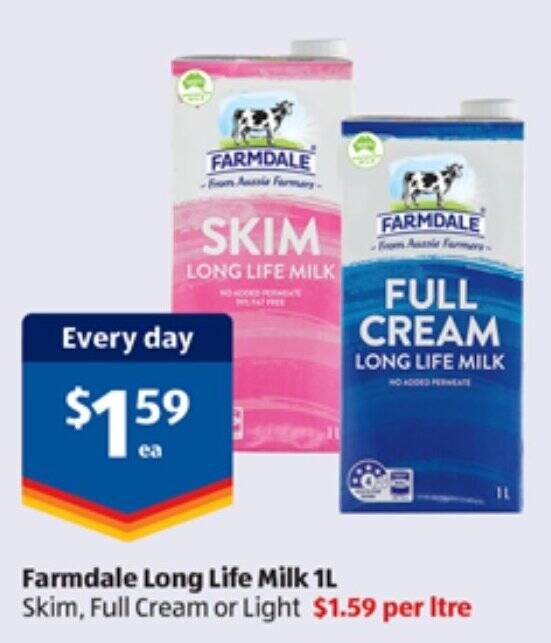 Farmdale Long Life Milk 1L Skim, Full Cream or Light offer at ALDI