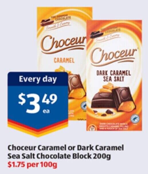 Choceur Caramel or Dark Caramel Sea Salt Chocolate Block 200g offer at ALDI