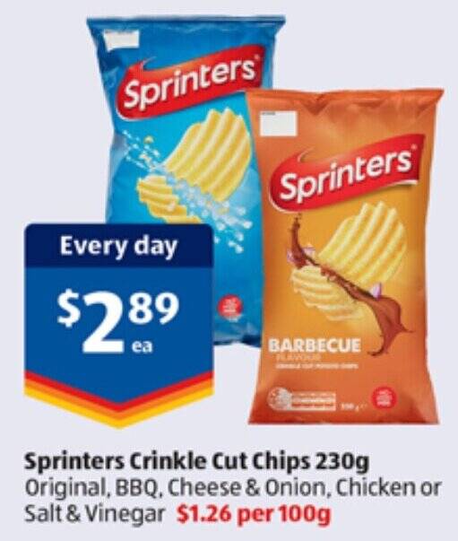 Sprinters Crinkle Cut Chips 230g Original, BBQ, Cheese & Onion, Chicken