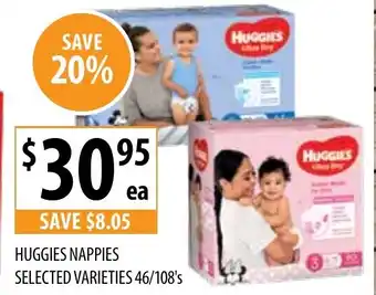 Supabarn HUGGIES NAPPIES SELECTED VARIETIES 46/108's offer
