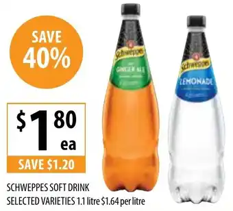 Supabarn SCHWEPPES SOFT DRINK SELECTED VARIETIES 1.1 litre offer