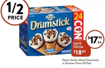 Foodworks Peters Vanilla, Mixed Drumsticks or Summer Faves 24 Pack offer