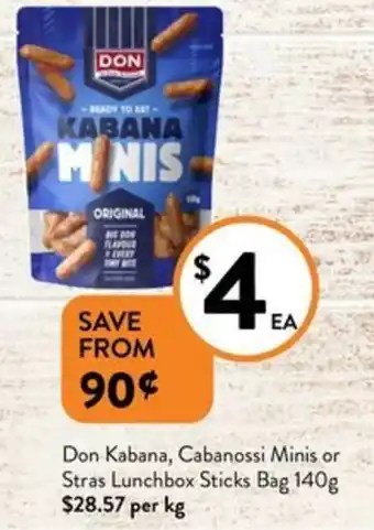 Foodworks Don Kabana, Cabanossi Minis or Stras Lunchbox Sticks Bag 140g offer