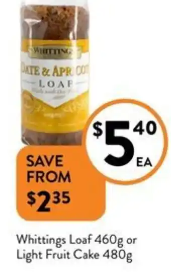 Foodworks Whittings Loaf 460g or Light Fruit Cake 480g offer