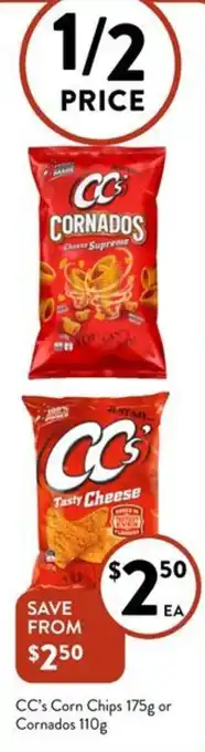 Foodworks CC's Corn Chips 175g or Cornados 110g offer