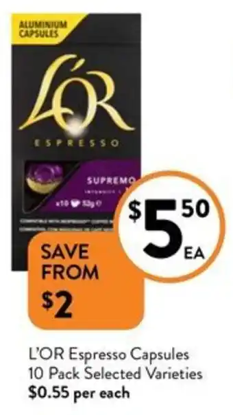 Foodworks L'OR Espresso Capsules 10 Pack Selected Varieties offer