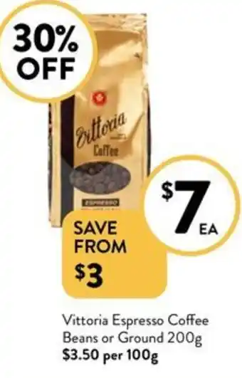 Foodworks Vittoria Espresso Coffee Beans or Ground 200g offer