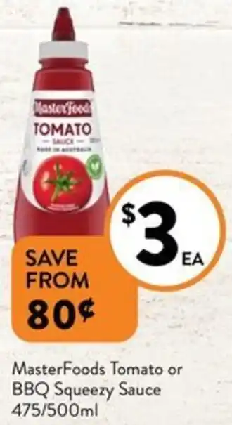 Foodworks MasterFoods Tomato or BBQ Squeezy Sauce 475/500ml offer