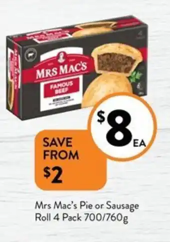 Foodworks Mrs Mac's Pie or Sausage Roll 4 Pack 700/760g offer