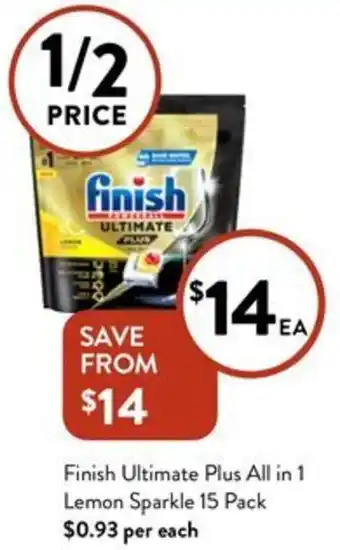 Foodworks Finish Ultimate Plus All in 1 Lemon Sparkle 15 Pack offer