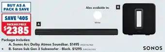 Harvey Norman A. Sonos Arc Dolby Atmos Soundbar. $1495 ARCGIAU1BLK + B. Sonos Sub Gen 3 Subwoofer - Black. $1295 SUBOJAUTELK offer
