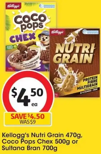Coles Kellogg's Nutri Grain 470g, Coco Pops Chex 500g or Sultana Bran 700g offer