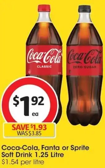 Coles Coca-Cola, Fanta or Sprite Soft Drink 1.25 Litre offer