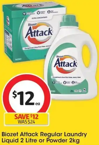 Coles Biozet Attack Regular Laundry Liquid 2 Litre or Powder 2kg offer