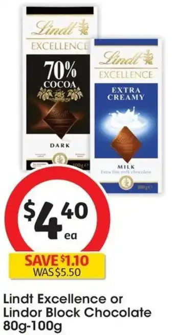 Coles Lindt Excellence or Lindor Block Chocolate 80g-100g offer