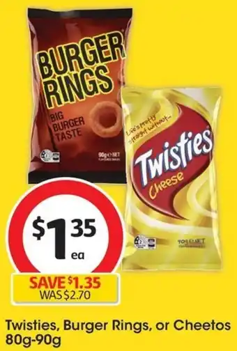Coles Twisties, Burger Rings, or Cheetos 80g-90g offer