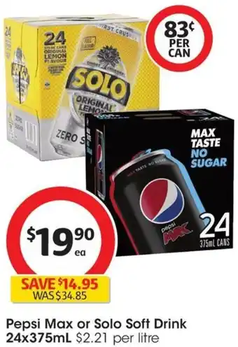 Coles Pepsi Max or Solo Soft Drink 24x375mL offer