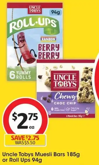 Coles Uncle Tobys Muesli Bars 185g or Roll Ups 94g offer