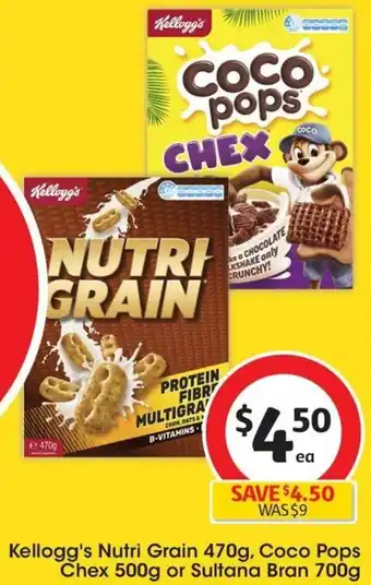 Coles Kellogg's Nutri Grain 470g, Coco Pops Chex 500g or Sultana Bran 700g offer
