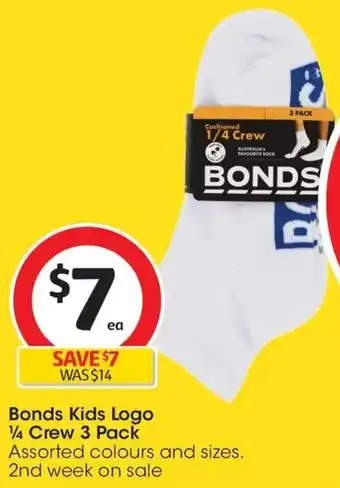Coles Bonds Kids Logo 1/4 Crew 3 Pack offer