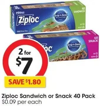Coles Ziploc Sandwich or Snack 40 Pack offer