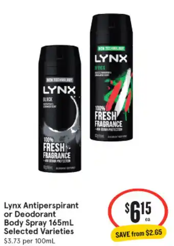 IGA Lynx Antiperspirant or Deodorant Body Spray 165mL offer