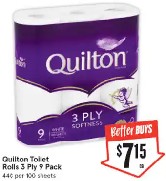 IGA Quilton Toilet Rolls 3 Ply 9 Pack offer