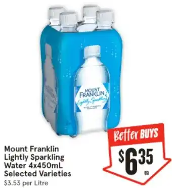IGA Mount Franklin Lightly Sparkling Water 4x450mL offer