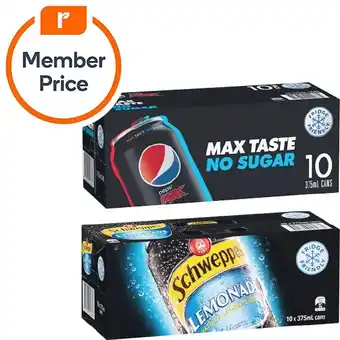Woolworths Pepsi, Solo, Mountain Dew or Schweppes Lemonade Soft Drink Can Varieties 10 x 375ml offer