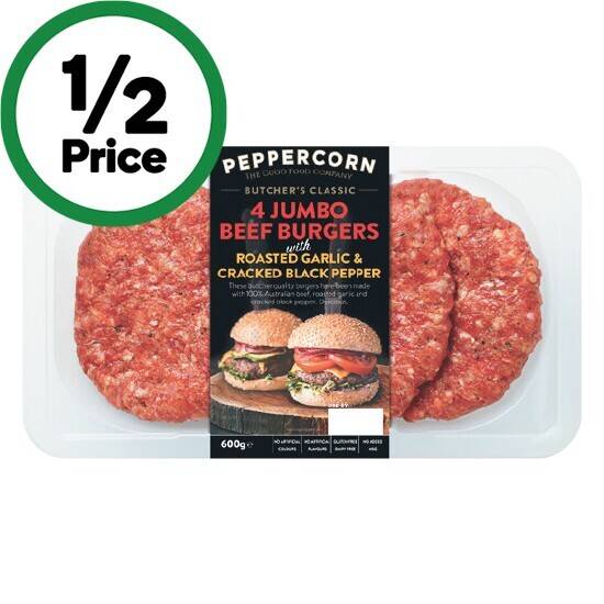 Peppercorn Beef Jumbo Burgers 600g offer at Woolworths