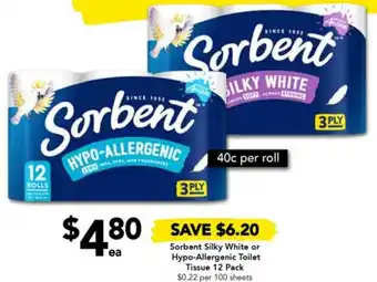 Drakes Sorbent Silky White or Hypo-Allergenic Toilet Tissue 12 Pack offer