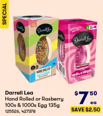 BIG W Darrell Lea Hand Rolled or Rasberry 100s & 1000s Egg 135g offer