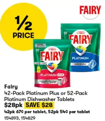 BIG W Fairy 42-Pack Platinum Plus or 52-Pack Platinum Dishwasher Tablets offer