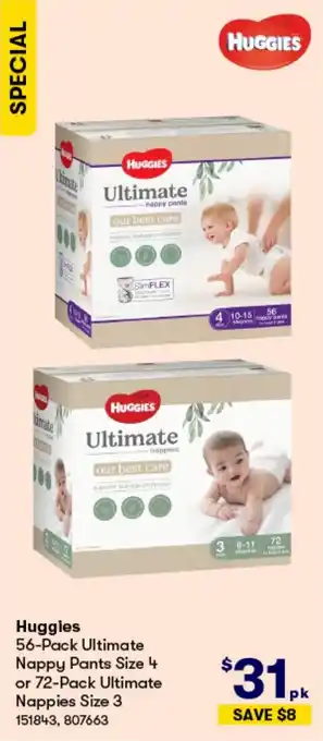 BIG W Huggies 56-Pack Ultimate Nappy Pants Size 4 or 72-Pack Ultimate Nappies Size 3 offer