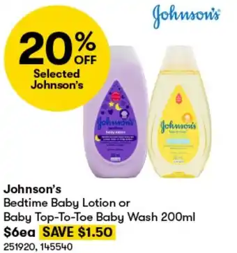 BIG W Johnson's Bedtime Baby Lotion or Baby Top-To-Toe Baby Wash 200ml offer