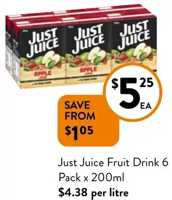 Foodworks Just Juice Fruit Drink 6 Pack x 200ml offer