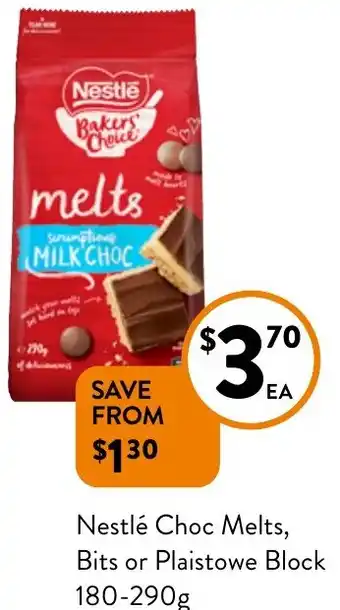 Foodworks Nestlé Choc Melts, Bits or Plaistowe Block 180-290g offer