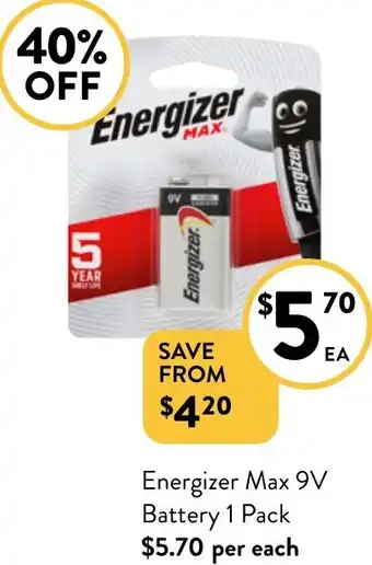 Foodworks Energizer Max 9V Battery 1 Pack offer