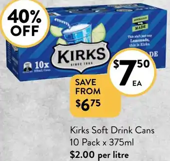 Foodworks Kirks Soft Drink Cans 10 Pack x 375ml offer